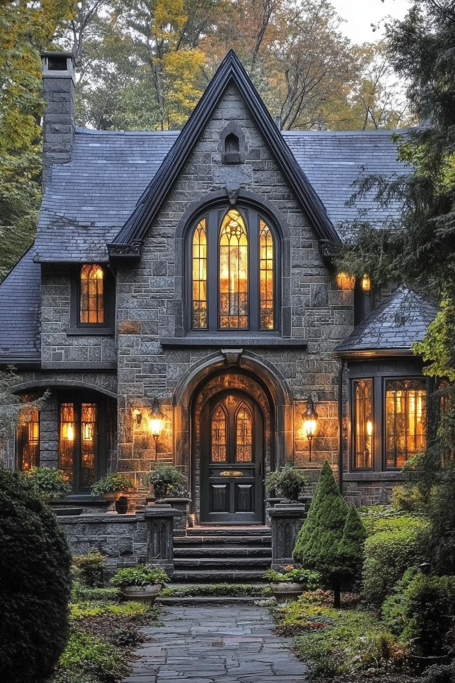 Gothic stone house glowing with warm lights