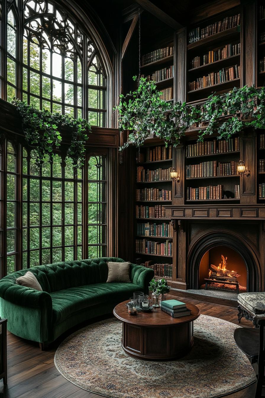 Dark wood room with a velvet couch and a roaring fireplace