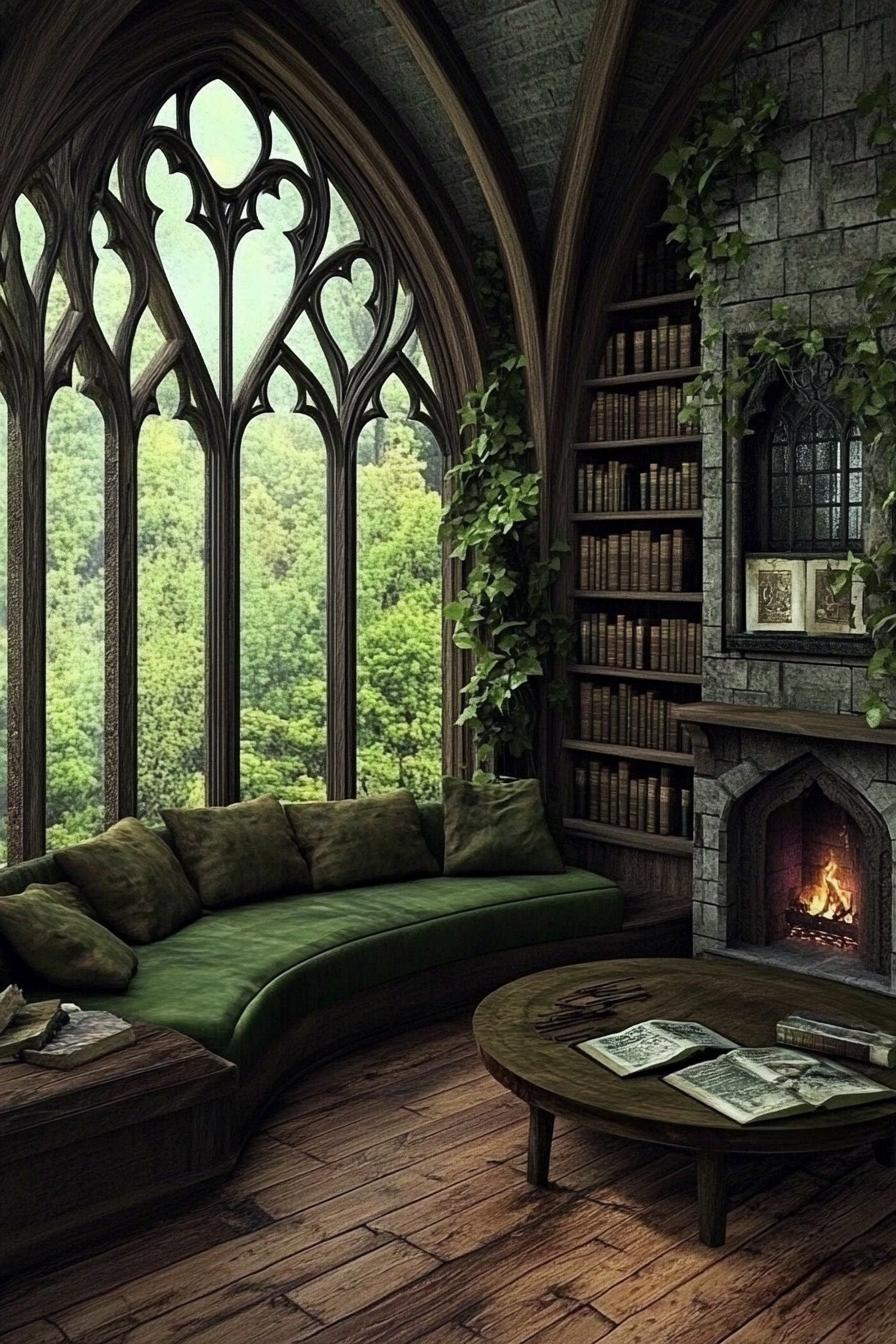 Cozy room with gothic windows and fireplace