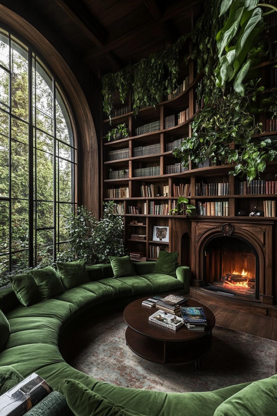 enchanting circular library room combines dark wood tones with lush greenery cascading from the upper shelves creating a magical woodland