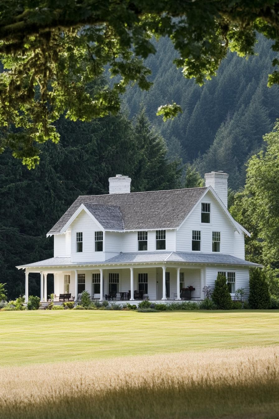 farmhouse with white two story facade with vertical siding and large evenly spaced windows including a prominent central gable with a row of 1