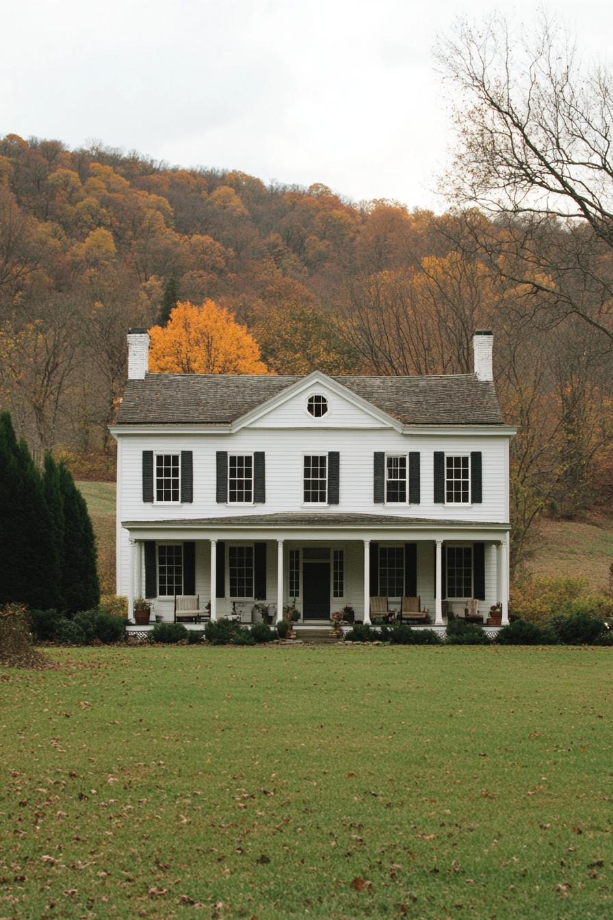 White farmhouse with dark shutters surrounded by fall foliage