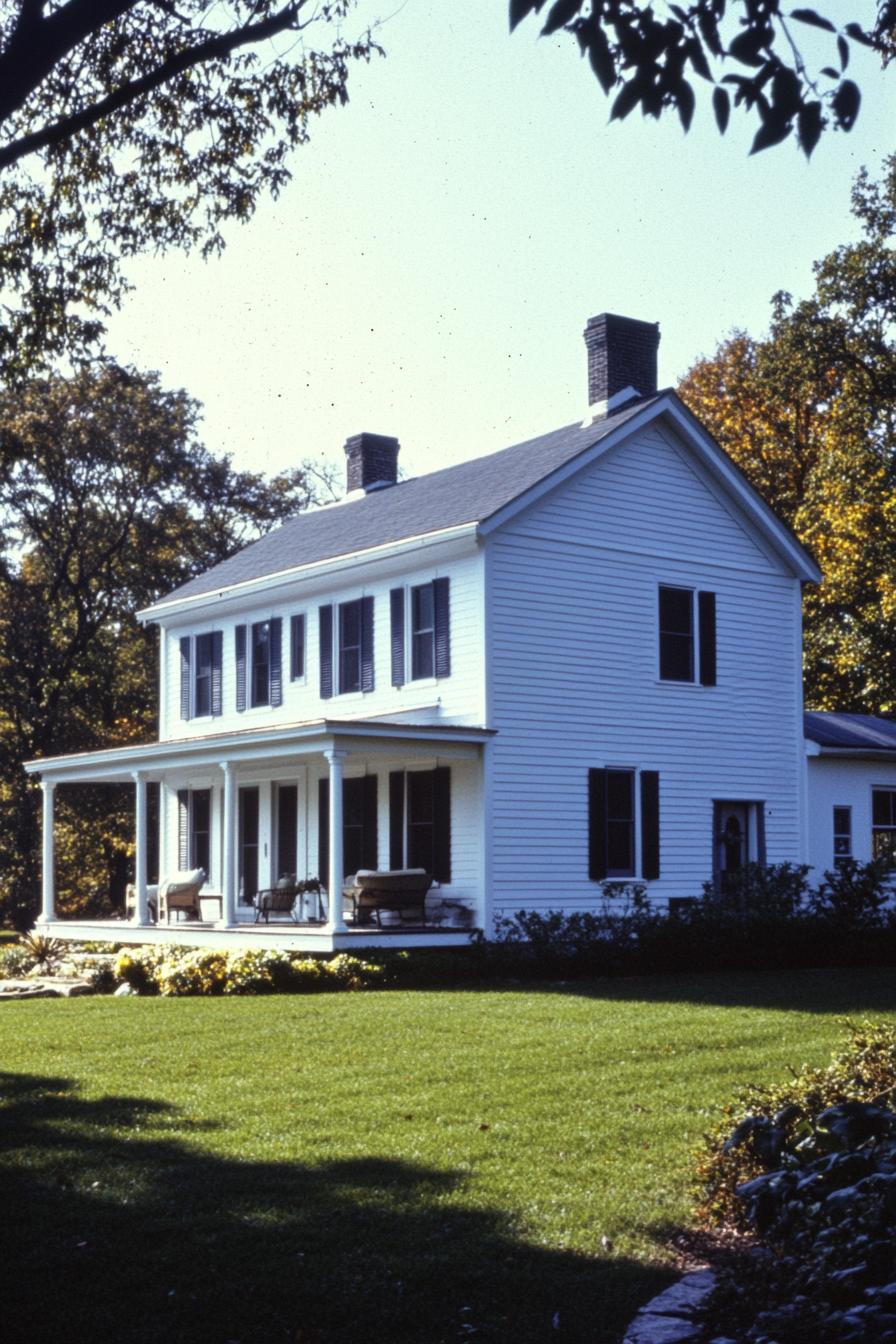 Charming white farmhouse with a wrap-around porch