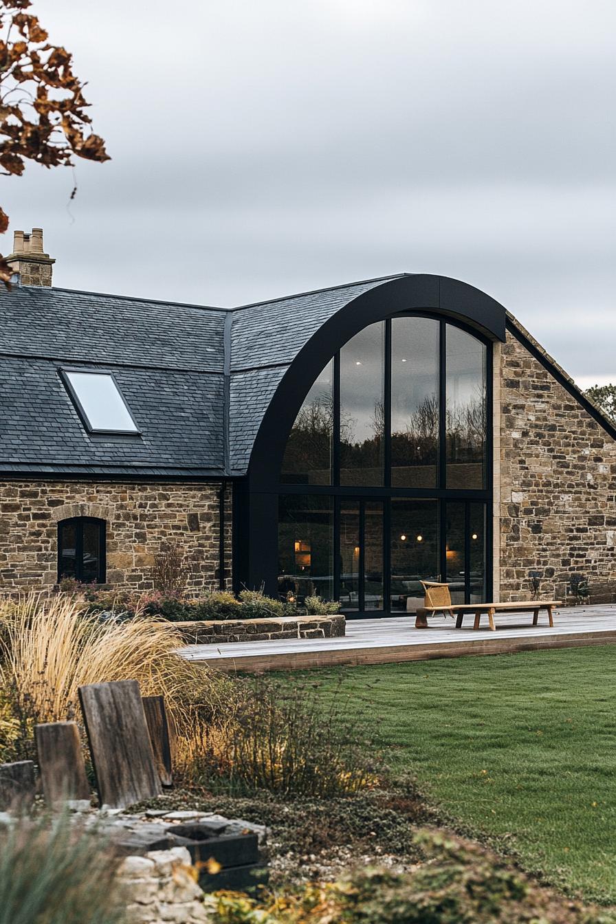 Modern house with a curved black arch and stone facade