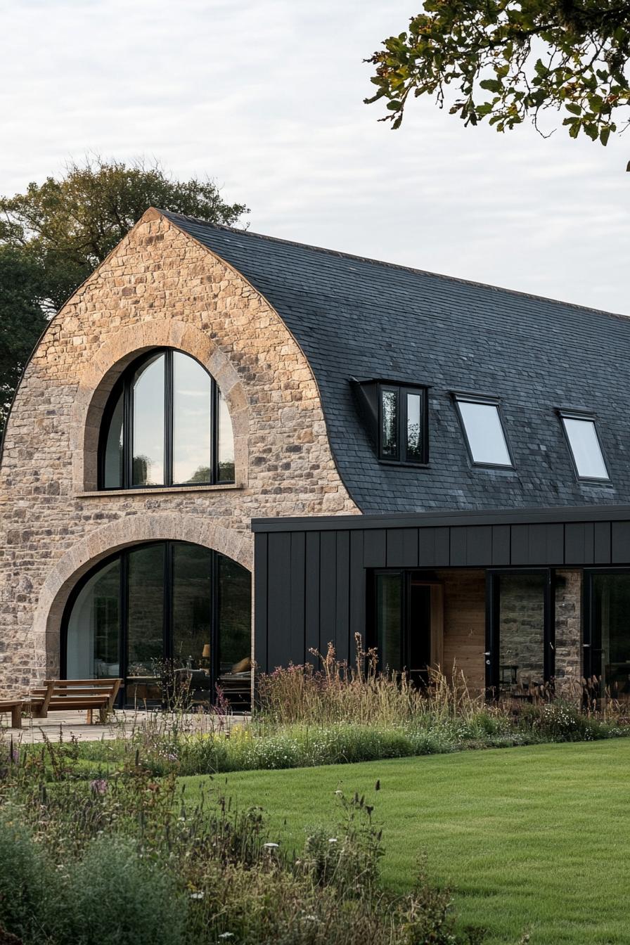 Modern house with stone arch and large windows