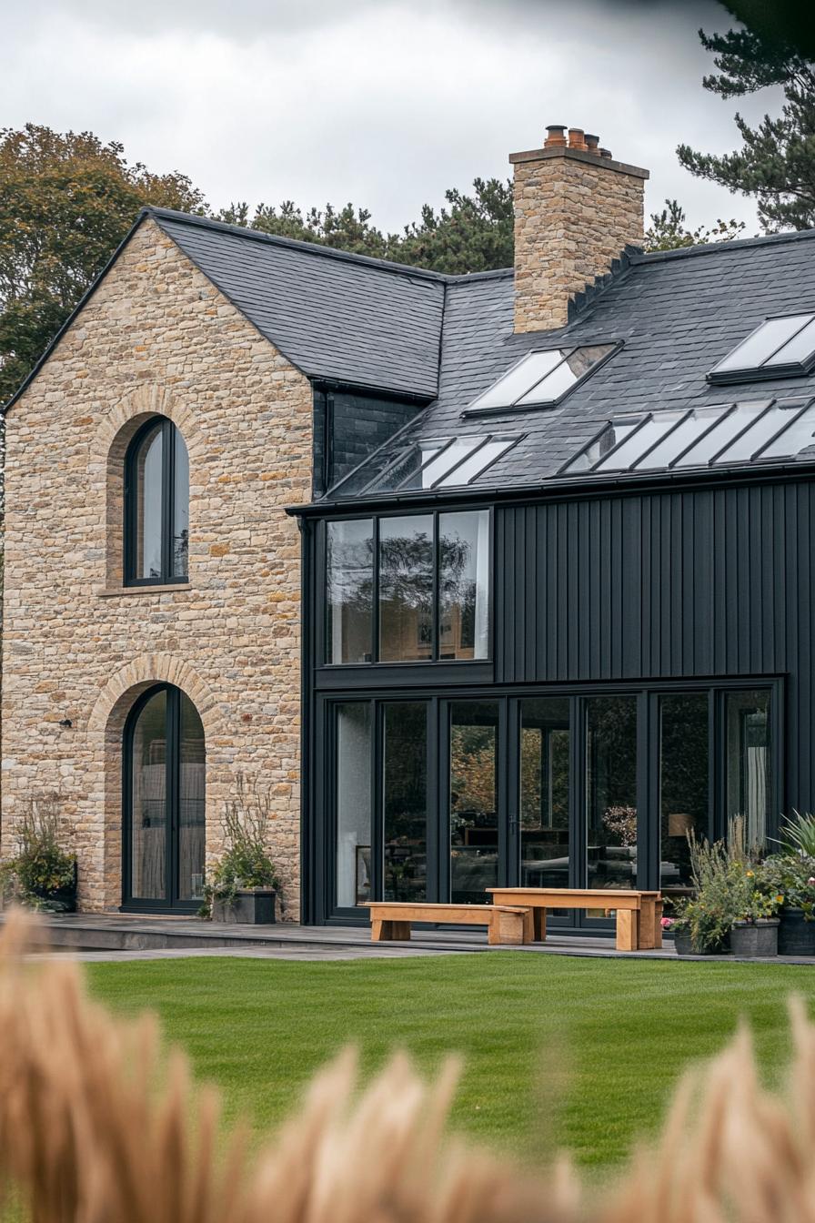 Stone and black exterior house with arched windows