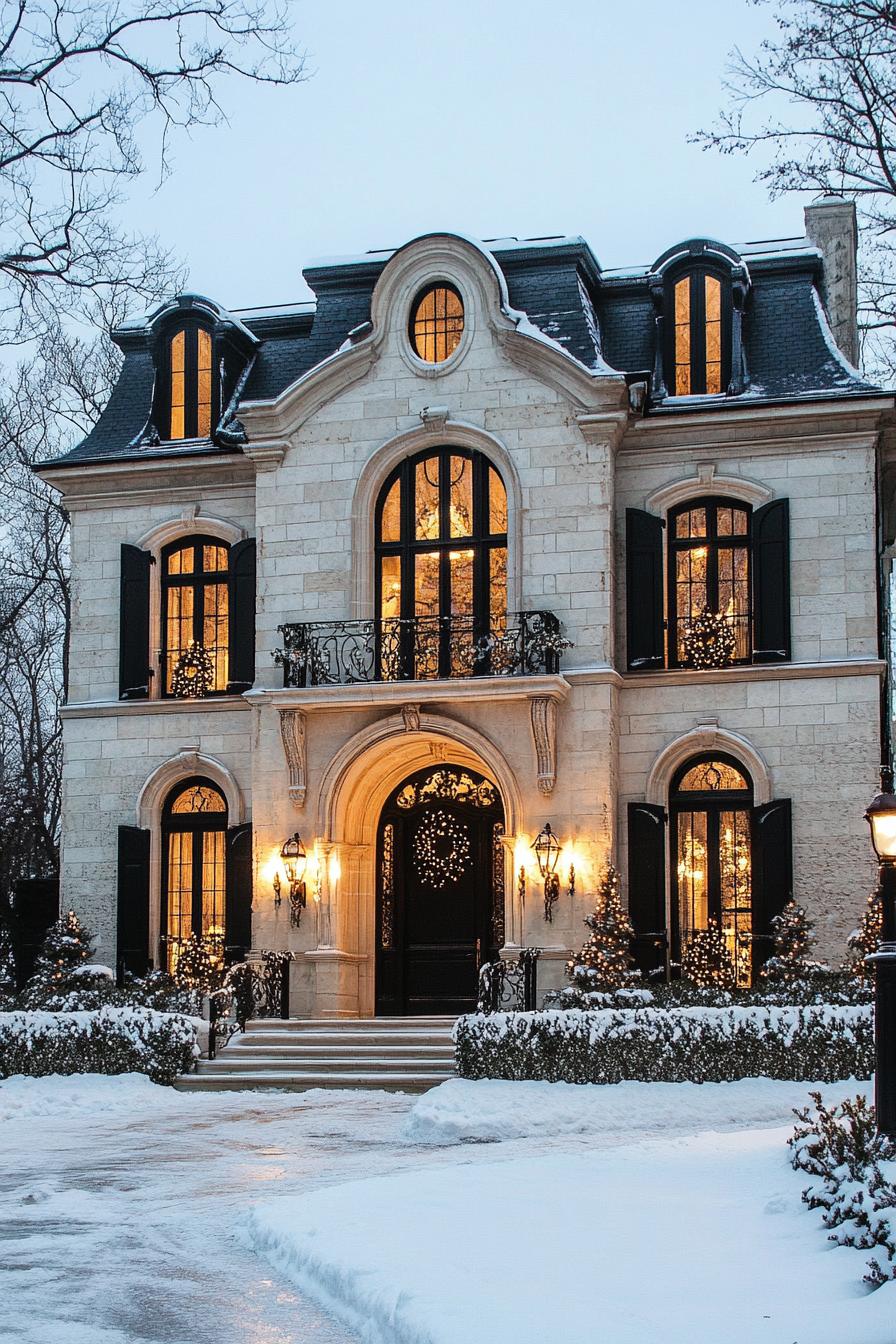 Elegant stone house adorned with festive lights in a winter wonderland