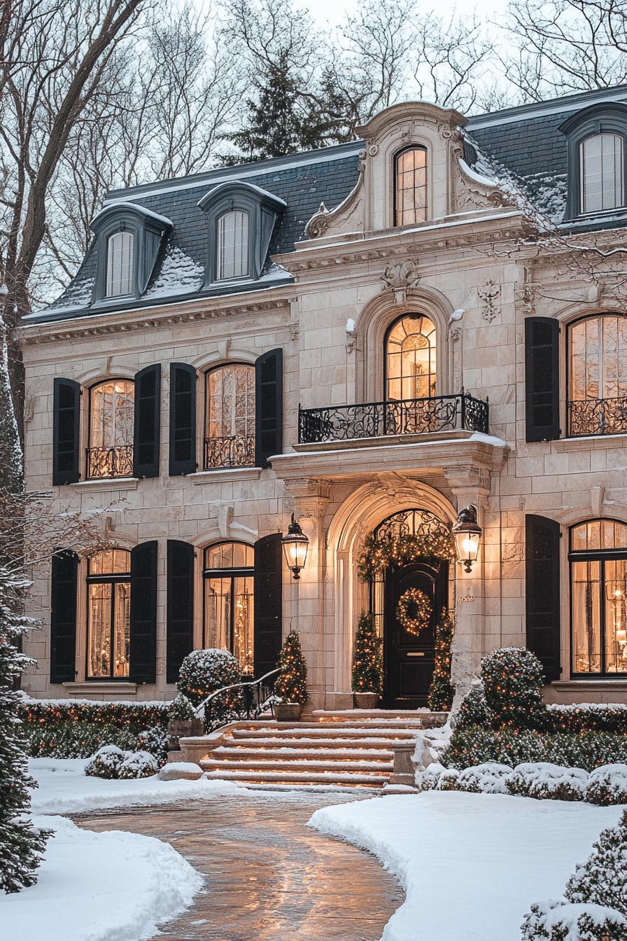 Illuminated snowy mansion with black shutters