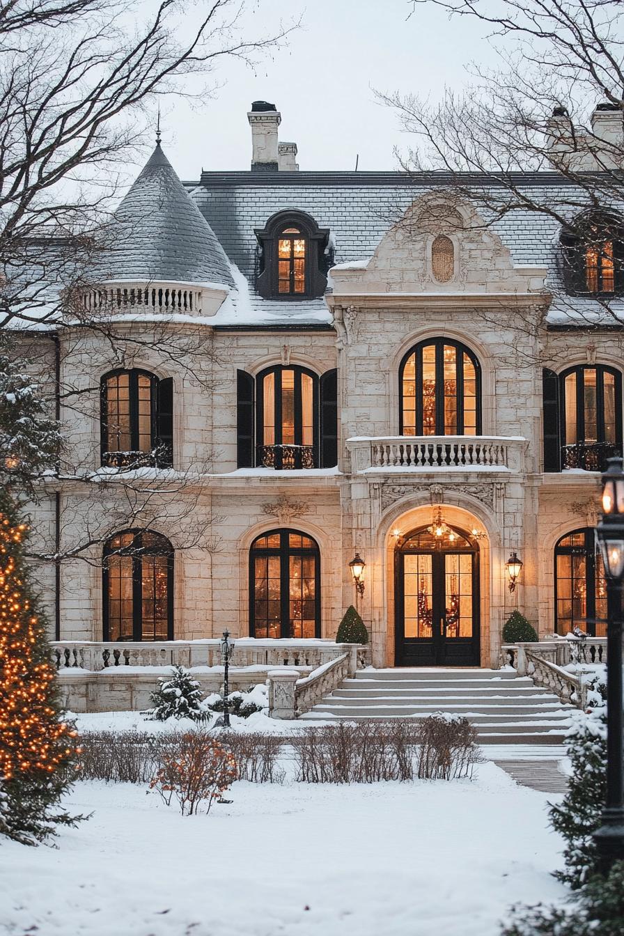 Snow-covered elegant stone mansion with warm glowing windows