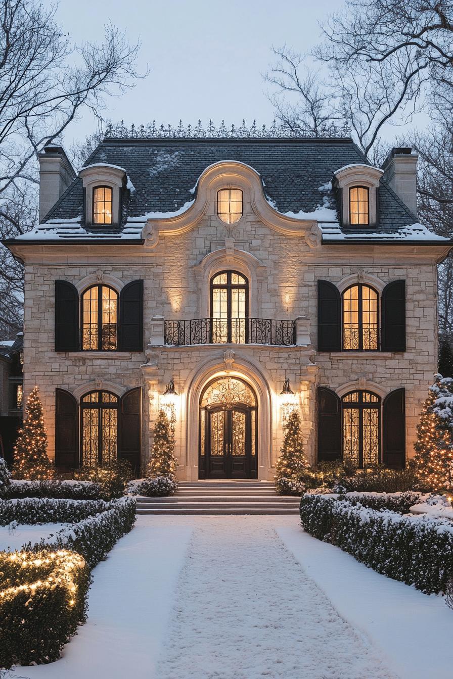 Luxurious stone manor with snowy garden and festive lights