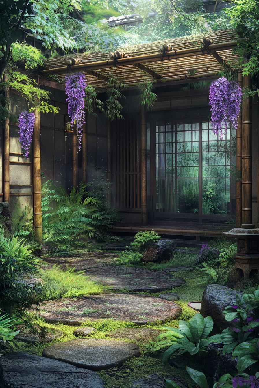 Japanese courtyard with bamboo and wisteria