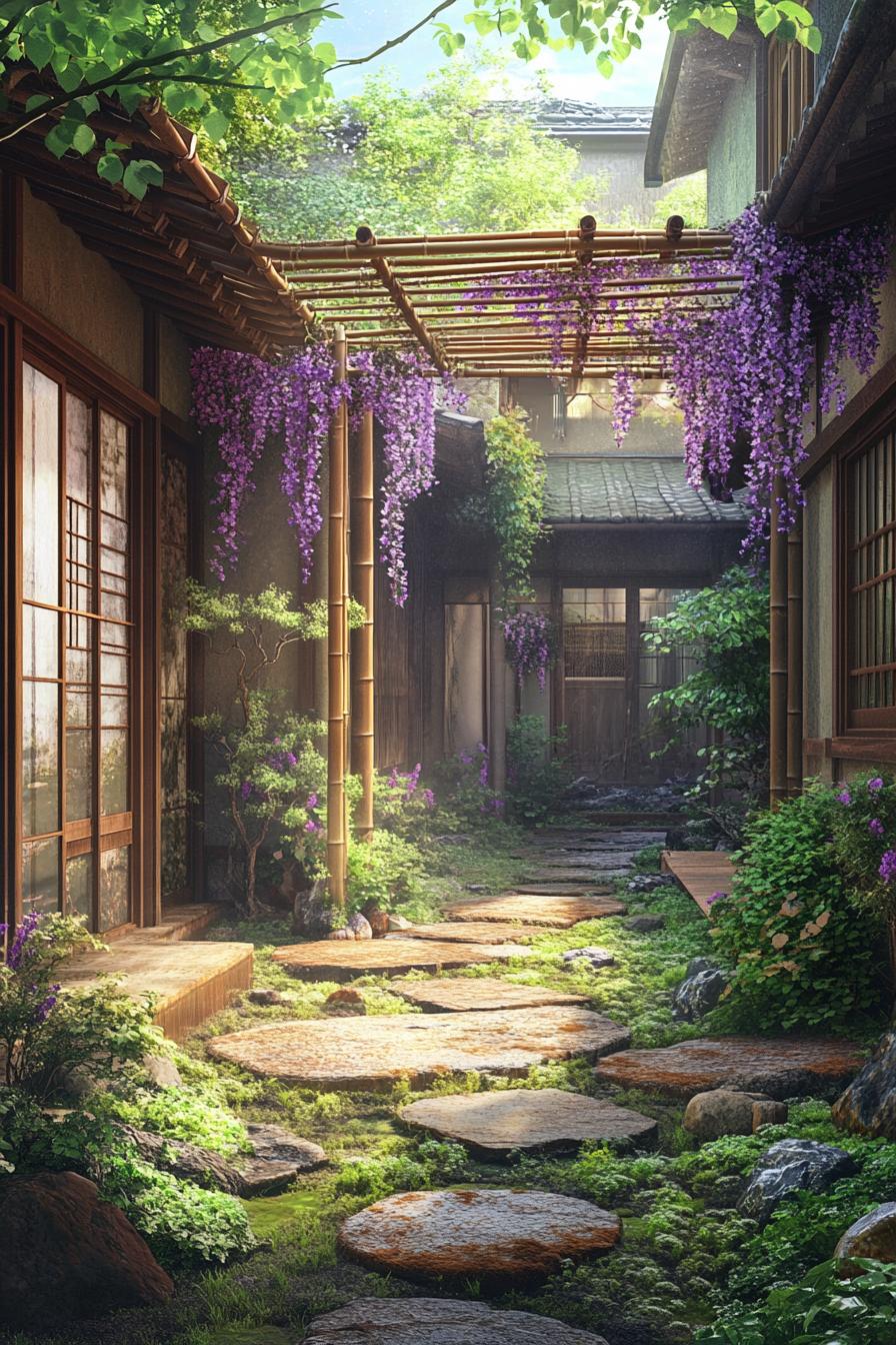 Japanese courtyard featuring stone path and hanging wisteria