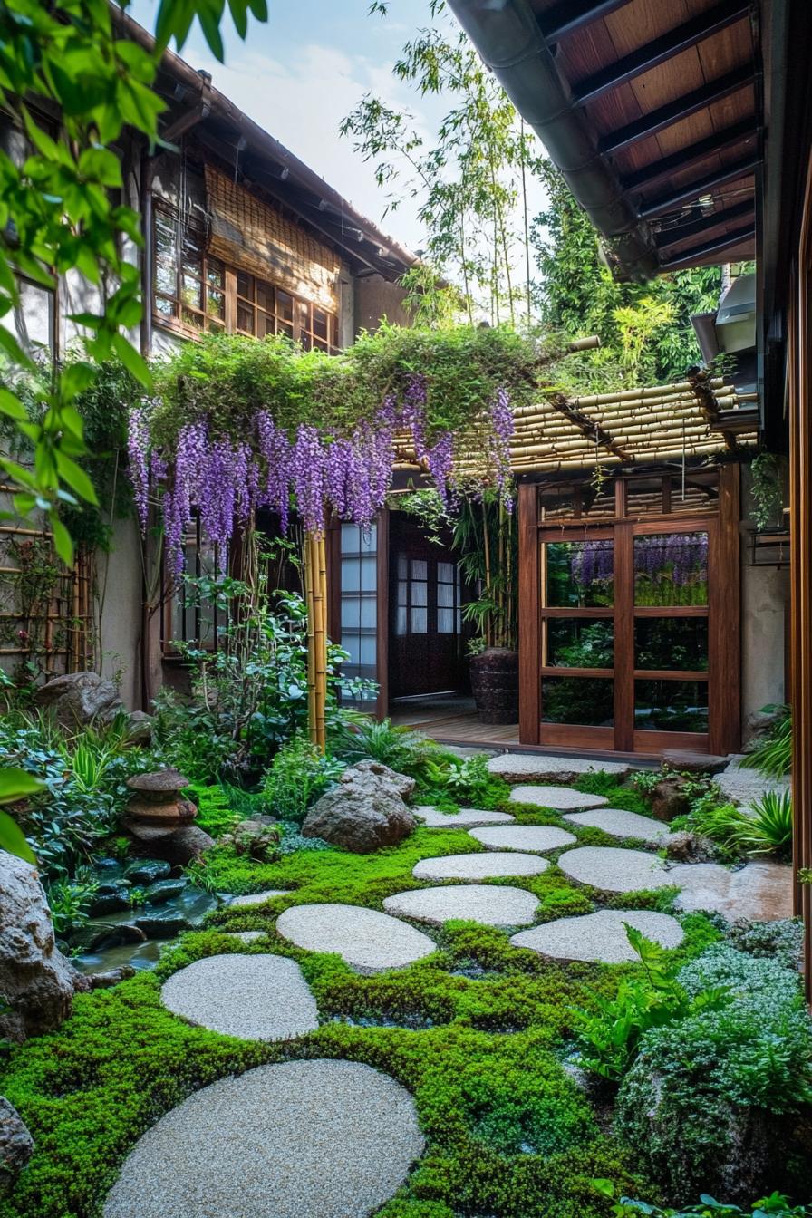 Lush garden with stone path and wisteria