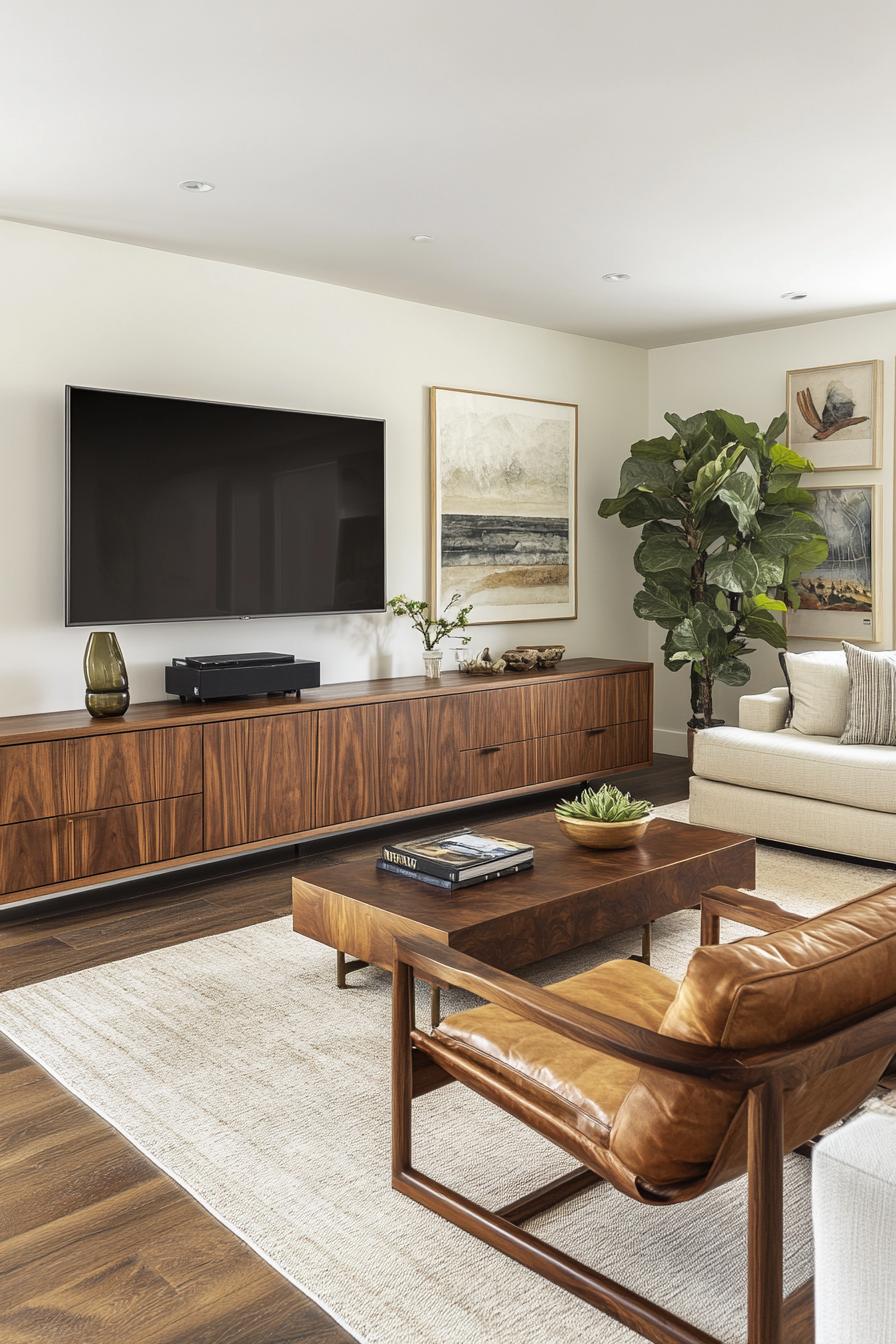 Mid-century modern living room with wooden furniture and plants