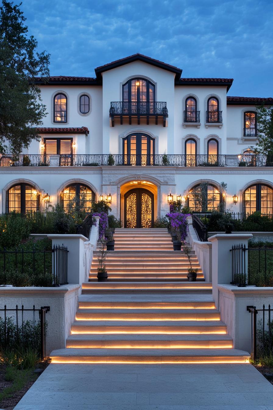 Luxurious mansion with illuminated steps at twilight