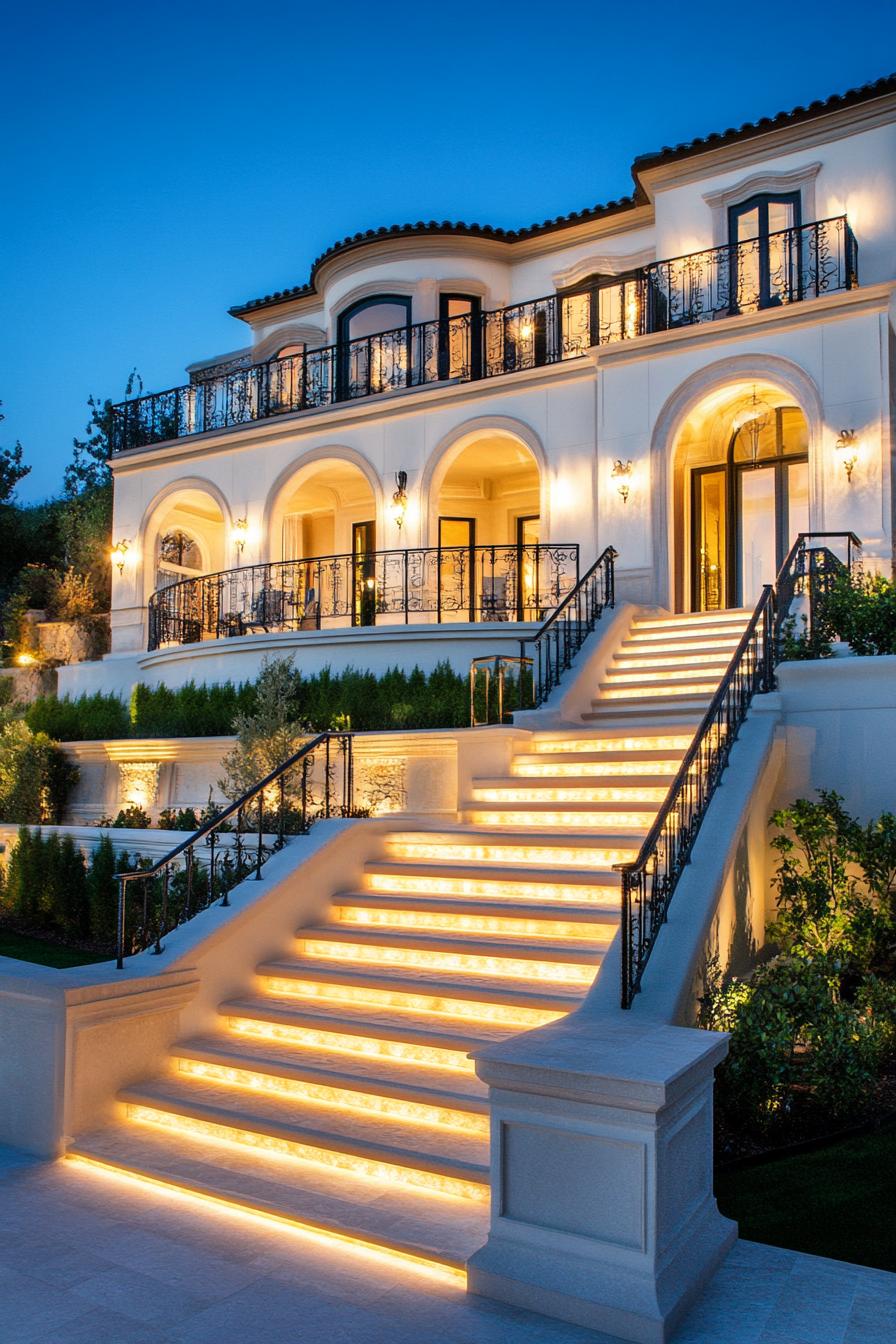 Grand staircase illuminated at dusk