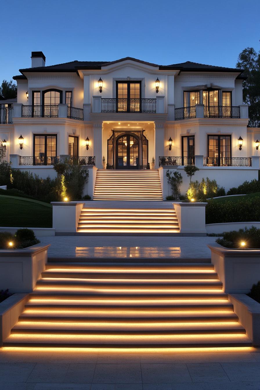 Luxury home with glowing staircase at dusk