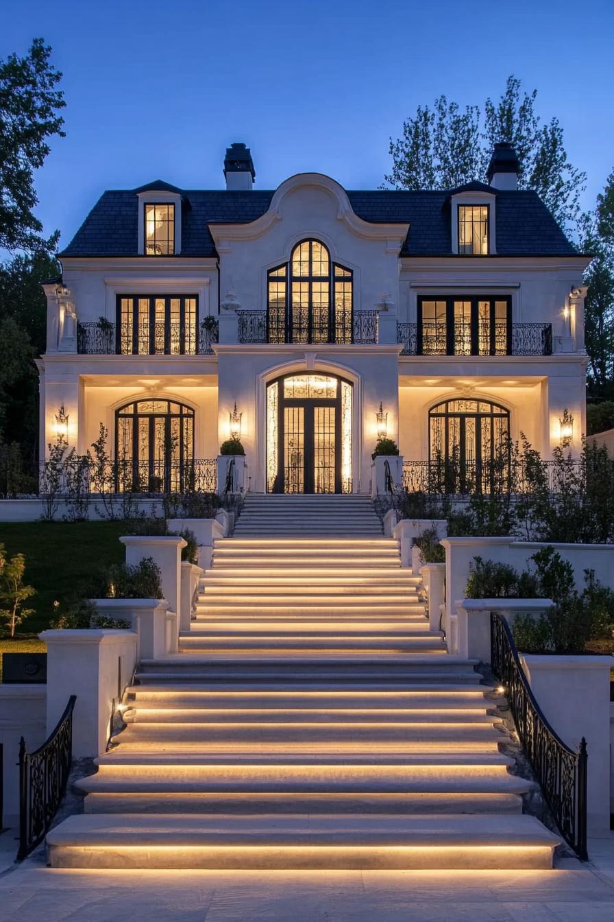 Elegant house with grand stairs and evening lights