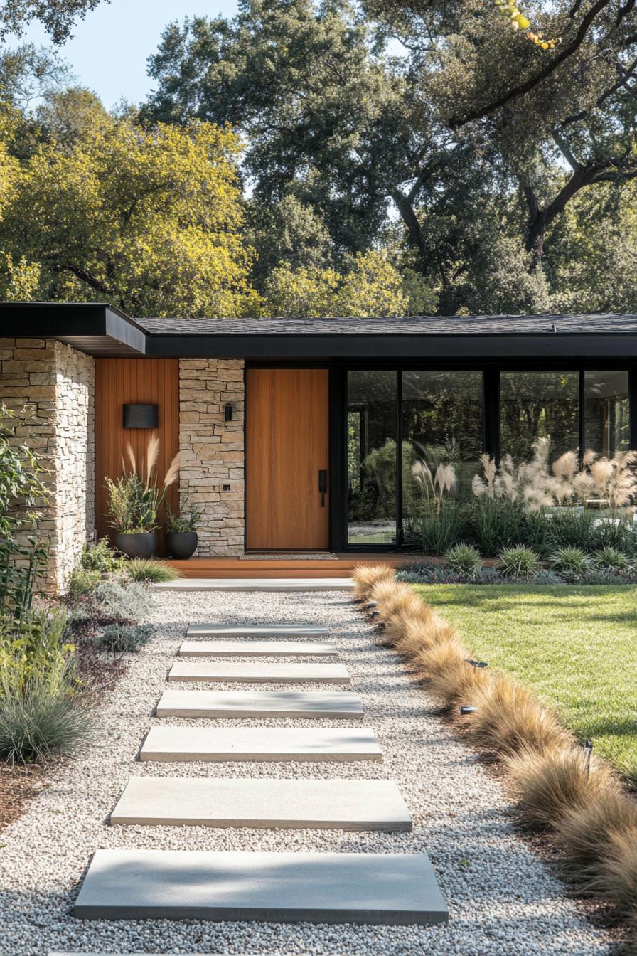 Contemporary home with stone facade and glass details