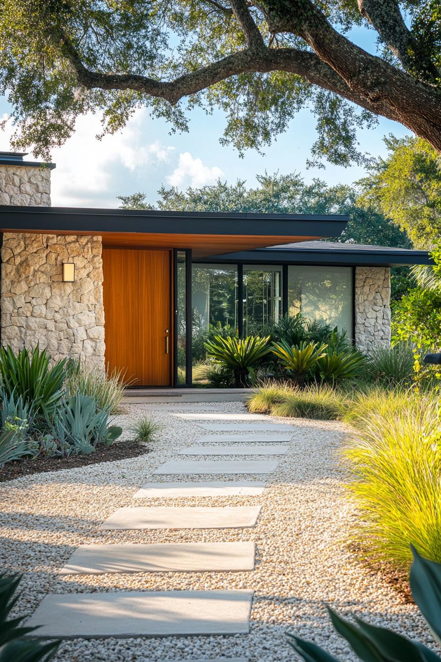 Modern house with stone and wood accents surrounded by greenery