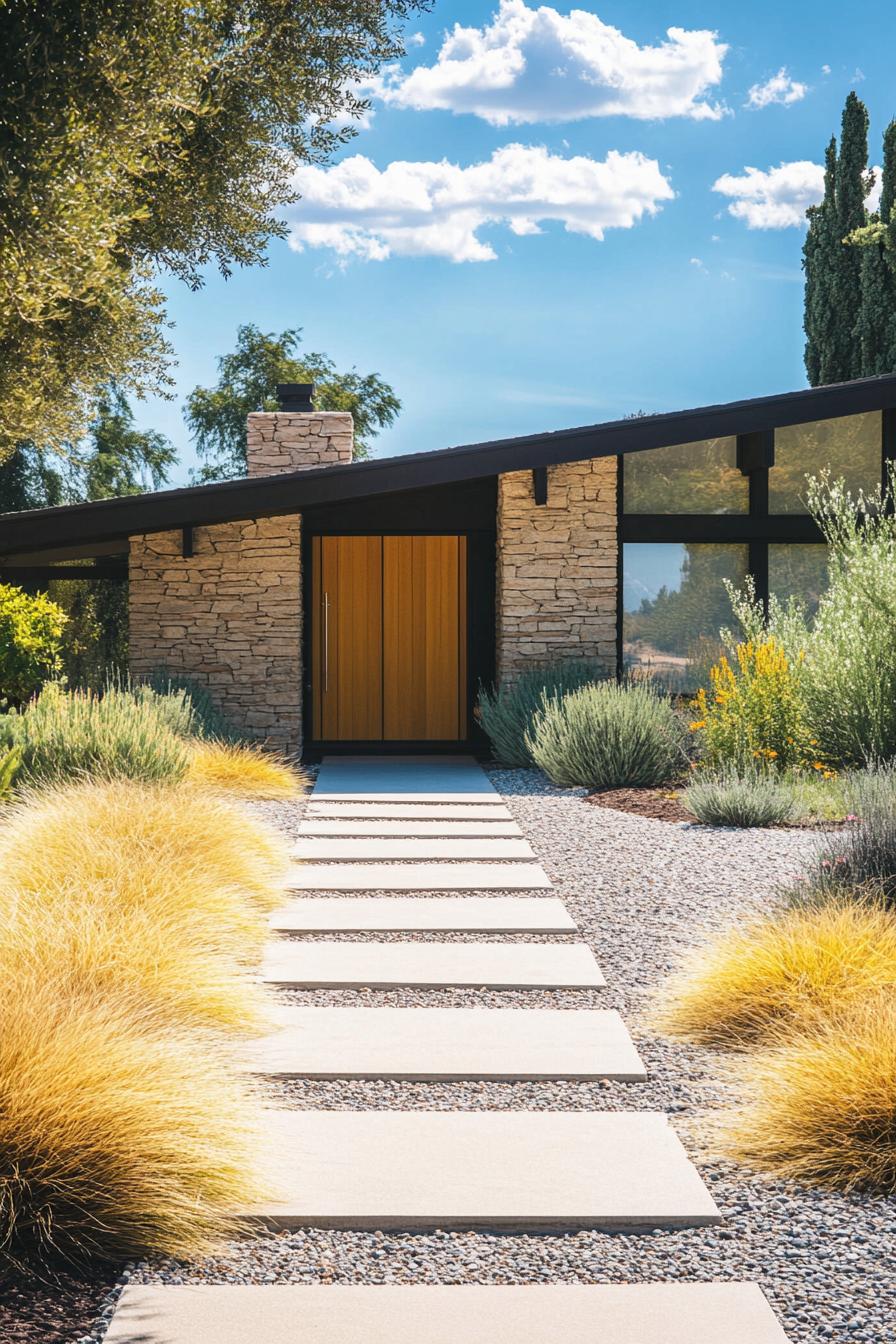 Modern home with stone facade and pathway surrounded by greenery