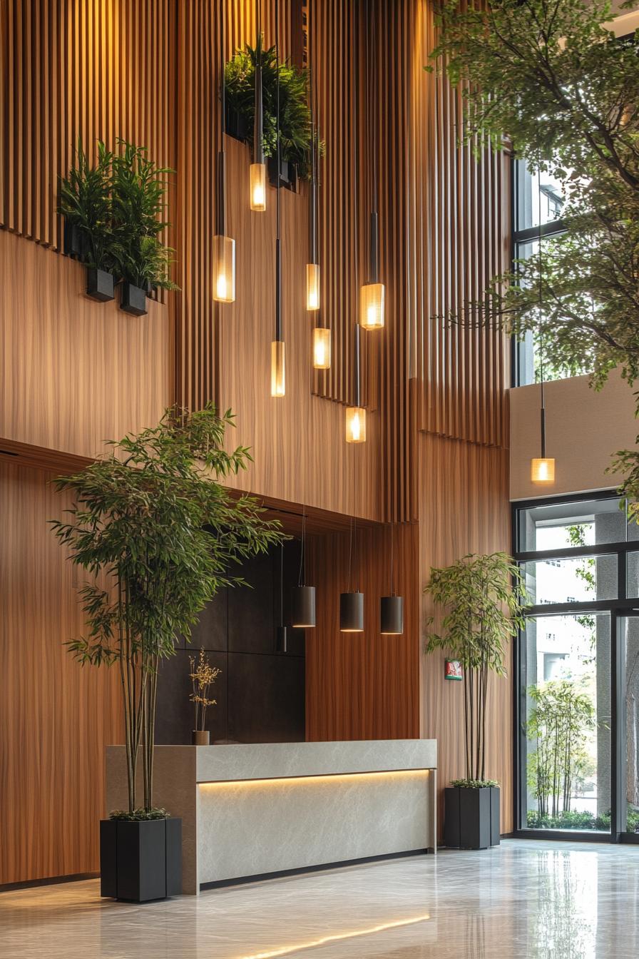 Modern lobby with wooden accents and indoor plants