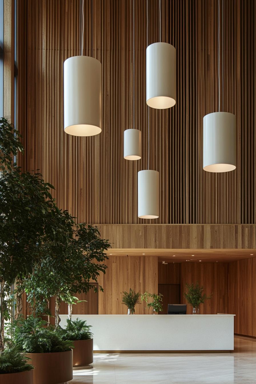 Lobby with hanging cylindrical lights and wooden accents