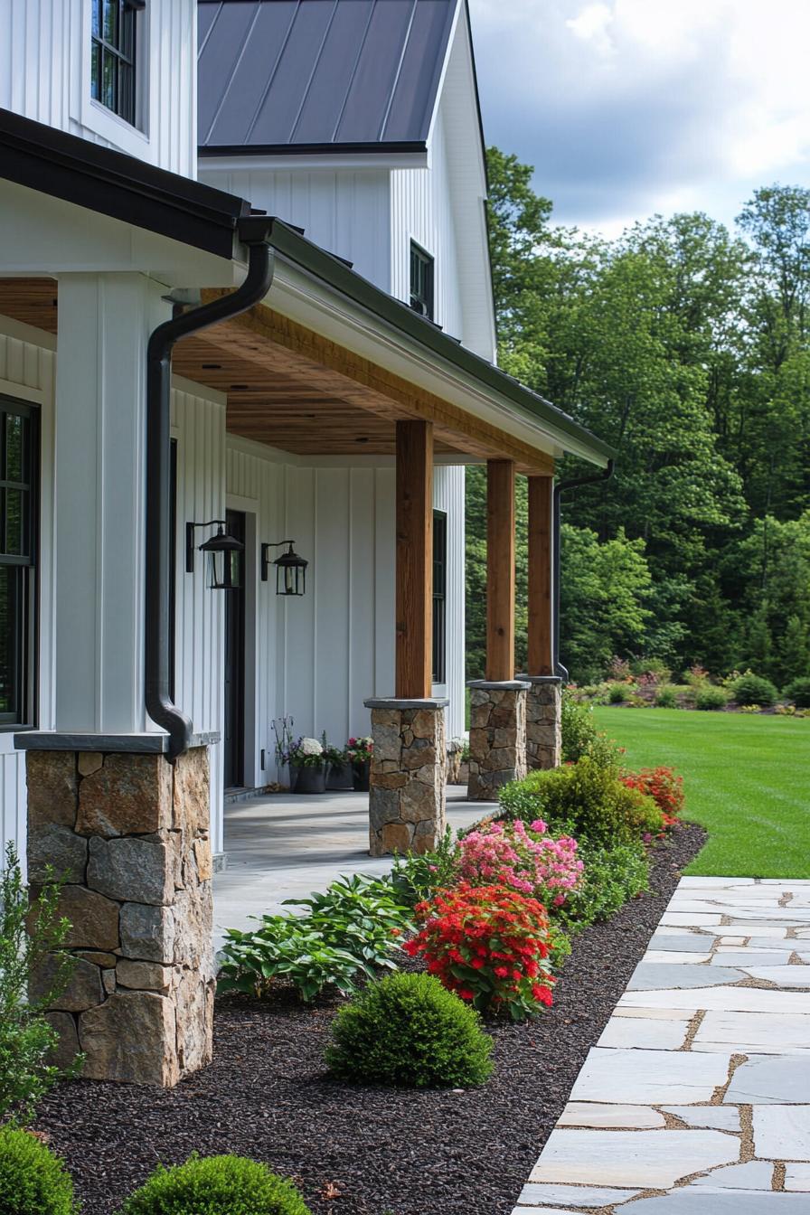 Beautiful modern farmhouse exterior with a porch and garden