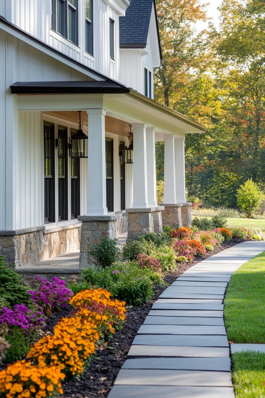 Bright porch with white pillars and colorful garden