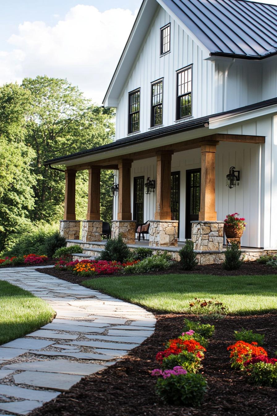 Chic country house with a stone path and vibrant garden