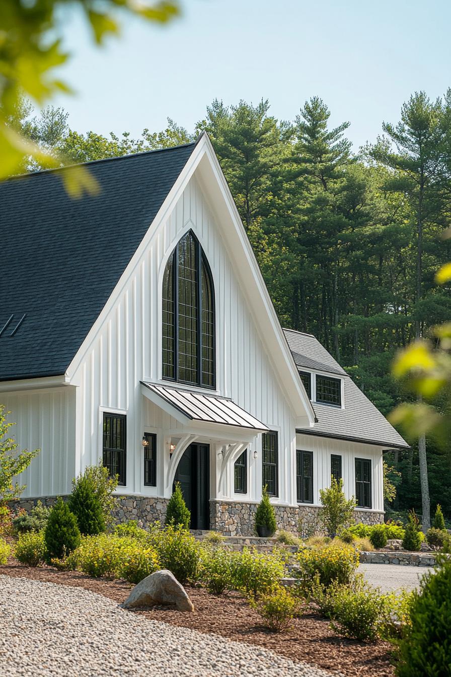 Charming white house with gothic features and a large arched window