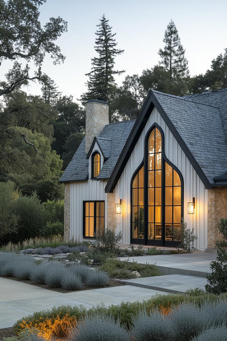 Charming cottage with Gothic window and lush surroundings