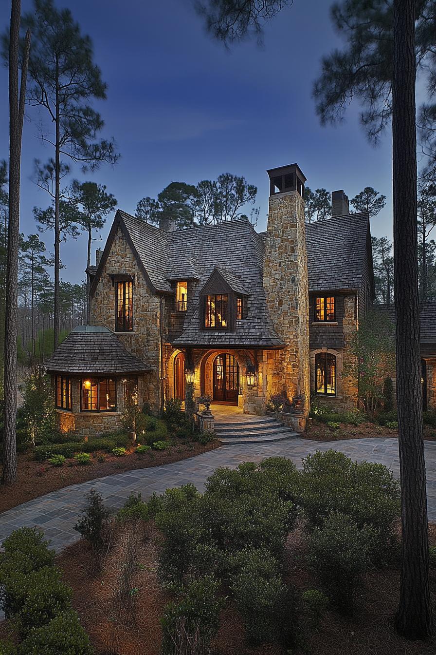 Rustic Gothic house with warm lighting and towering pines