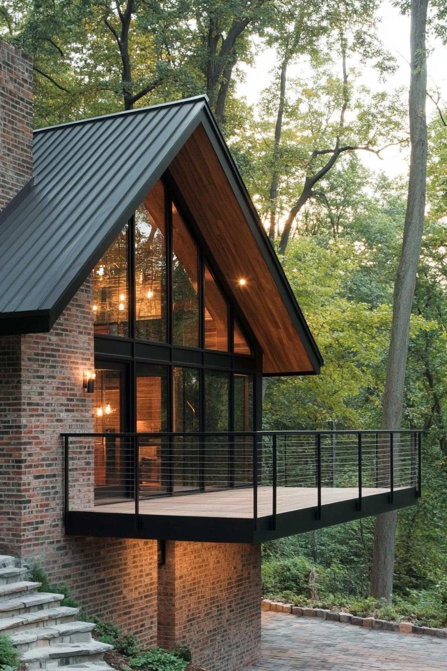 A-frame house with glass walls and wooded backdrop