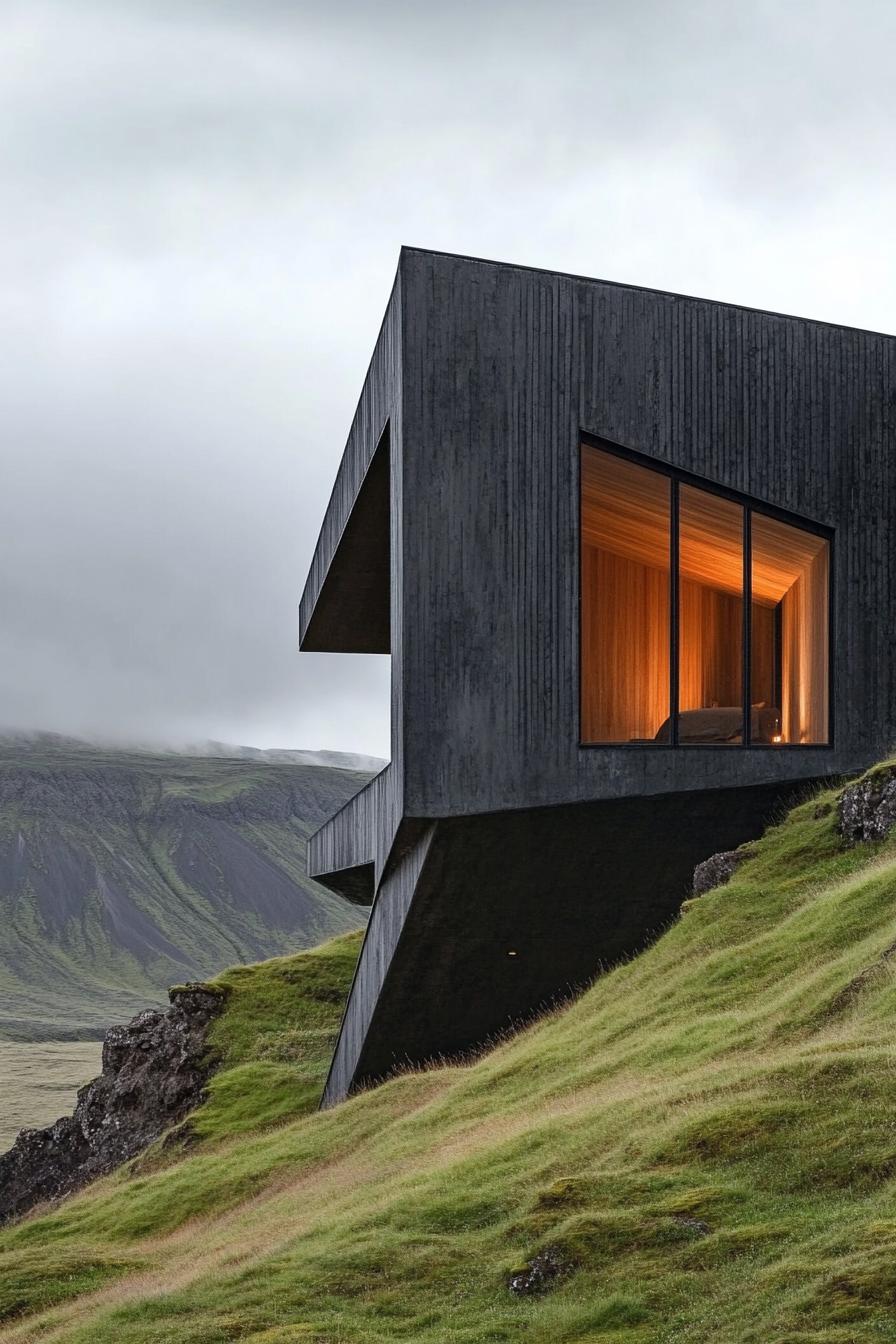 Modern house perched on a green hillside, featuring dark, angular architecture and large windows