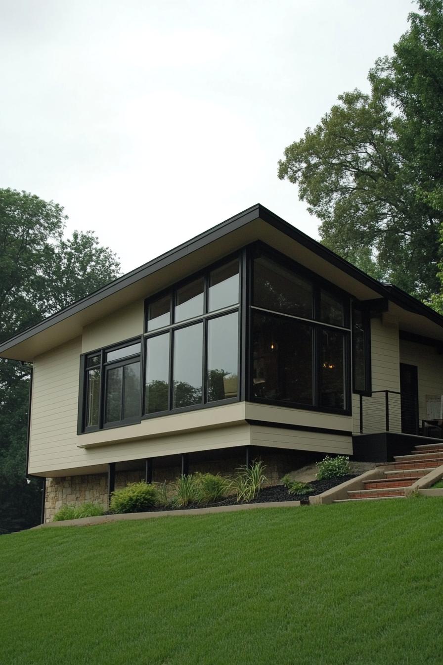 Modern split-level home with large windows on a grassy hill