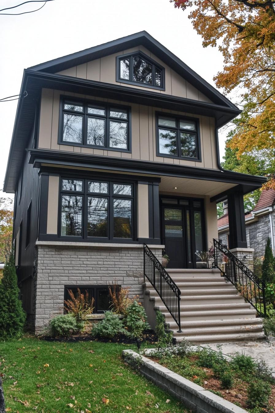 Elegant split level home with gabled roof and stylish stone facade