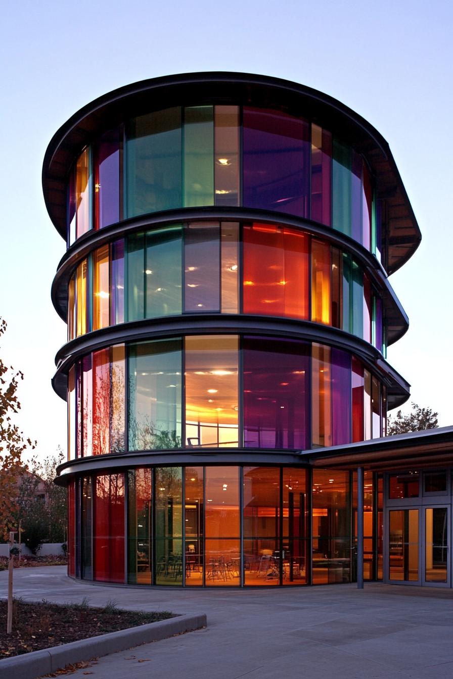 A multicolored glass building with circular design