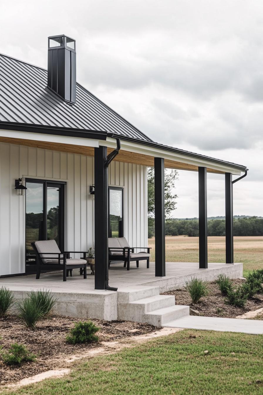 Metal building home with a porch and black chimney