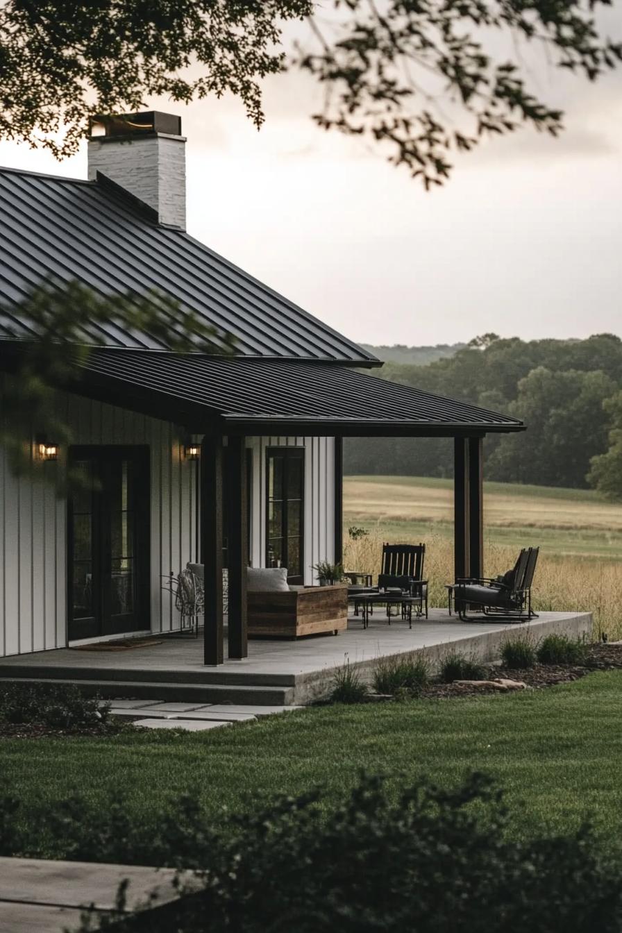 Metal building home with porch, set in a lush field