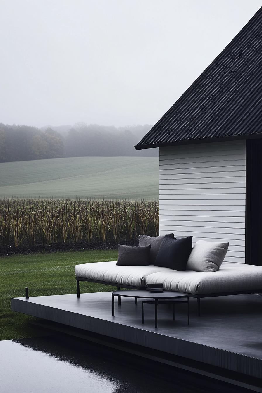 Modern metal house with outdoor seating, surrounded by foggy fields