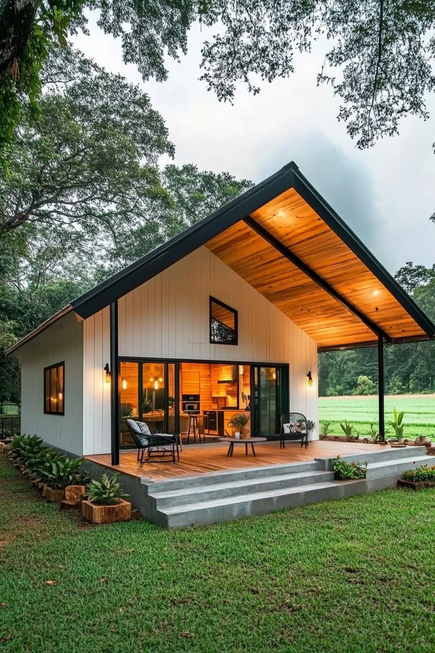 Cozy metal home with a wooden patio