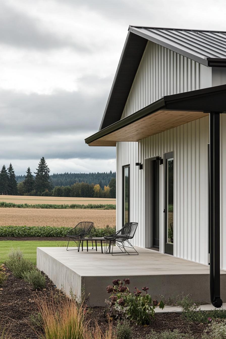 Modern metal home with countryside view and patio seating