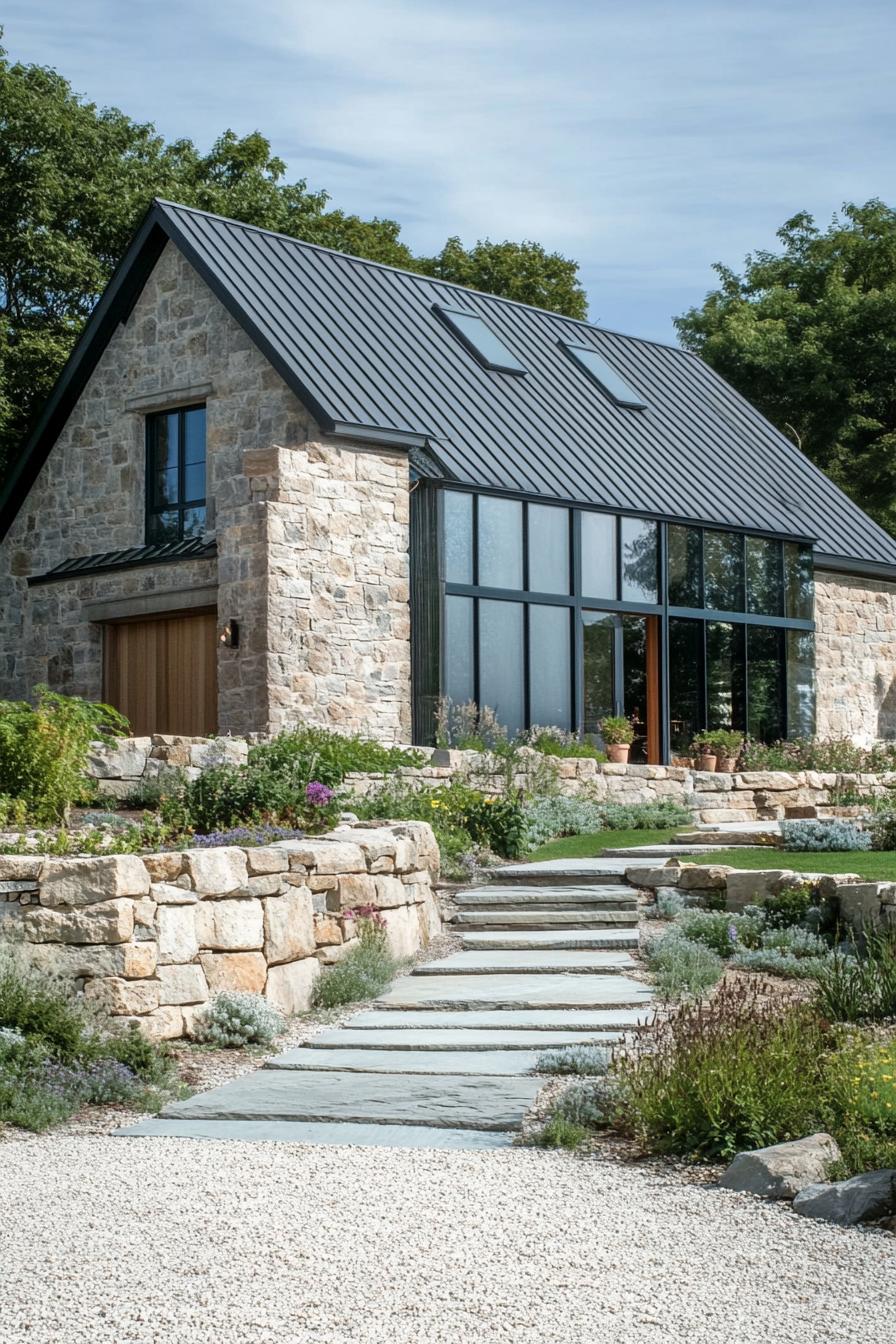 Modern stone barn with expansive windows