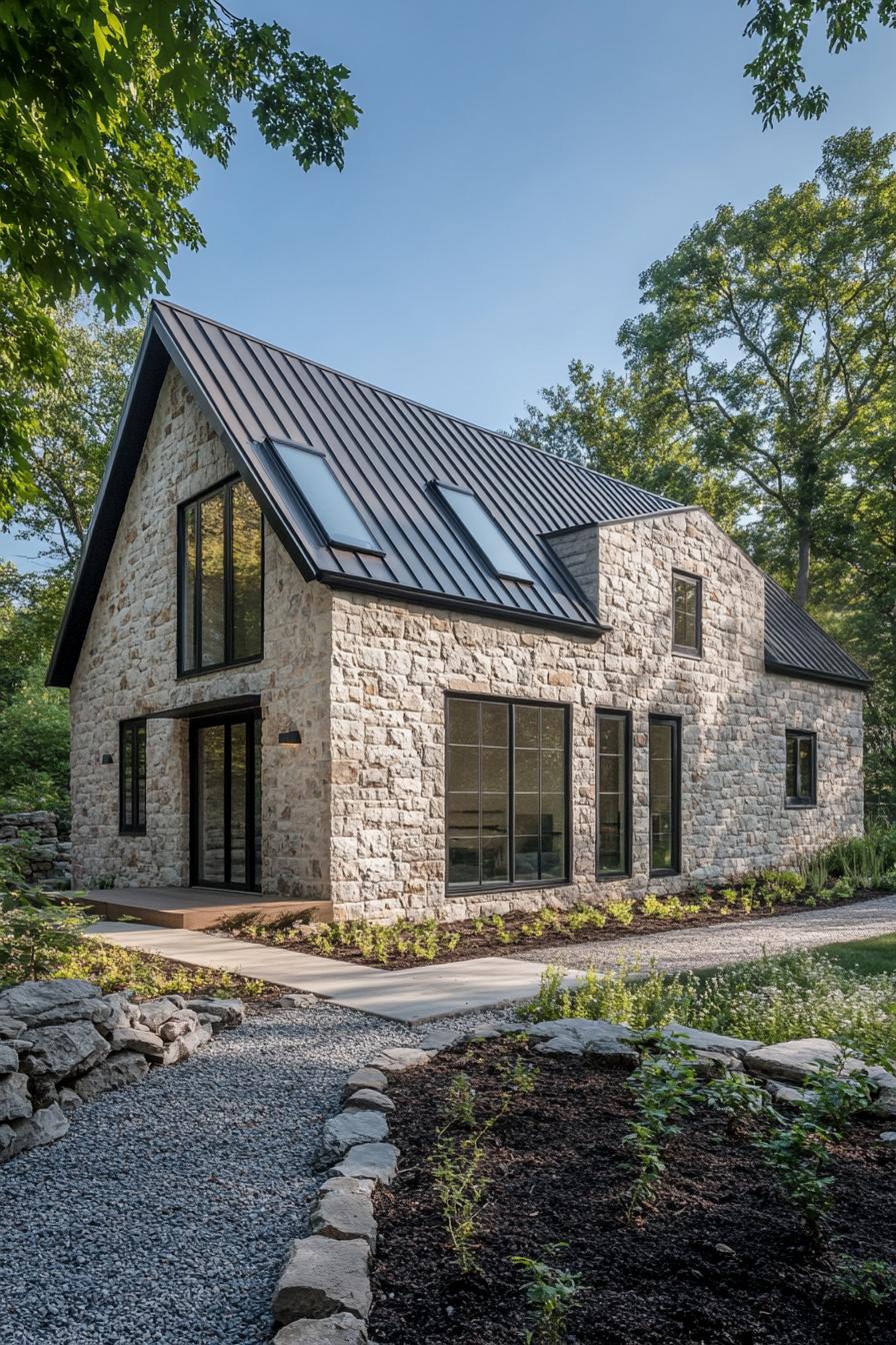 Modern stone barn with sleek windows and pitched roof