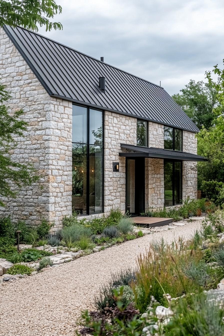 Modern stone barn with sleek design and lush landscaping