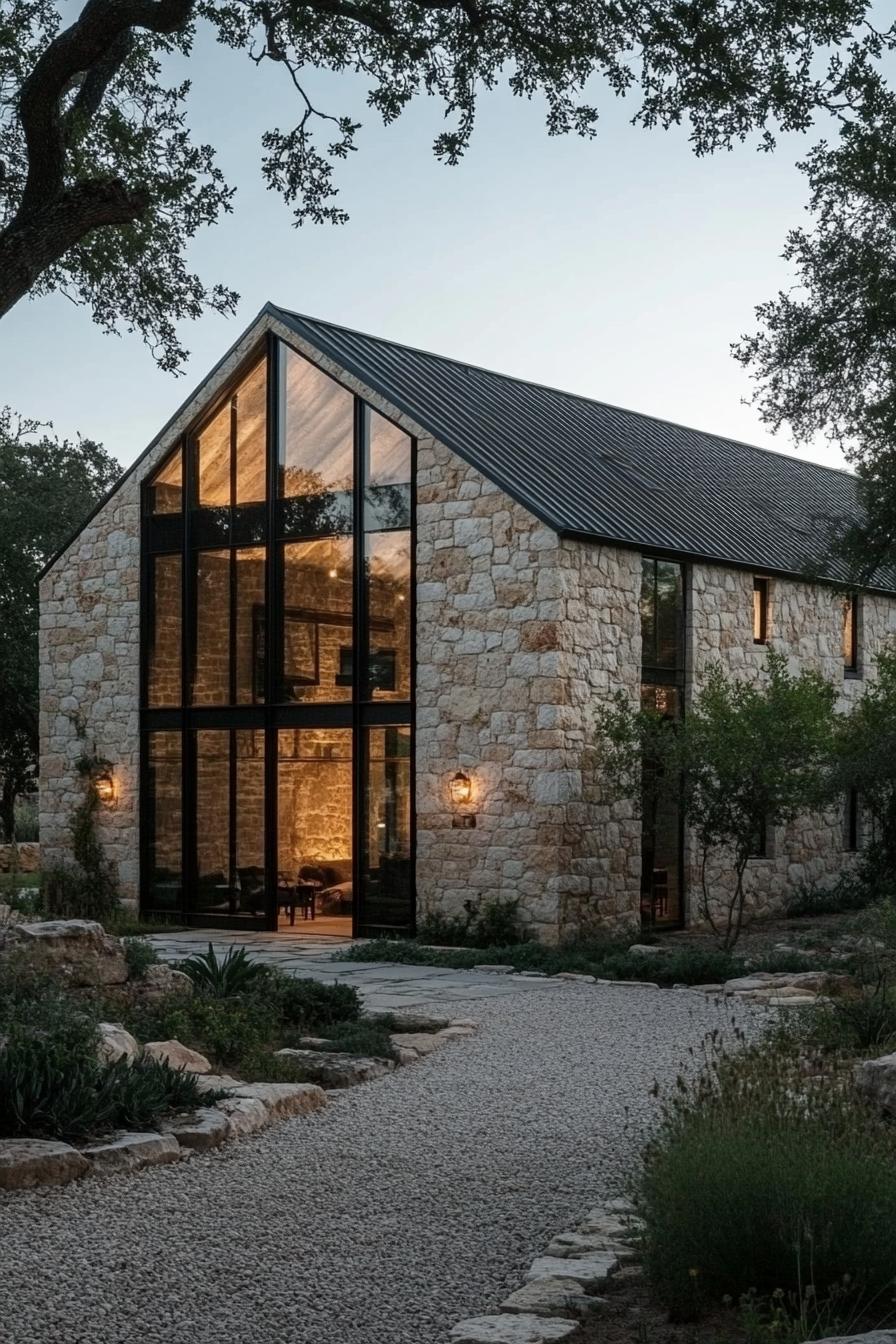 Modern stone barn with large glass windows amidst greenery