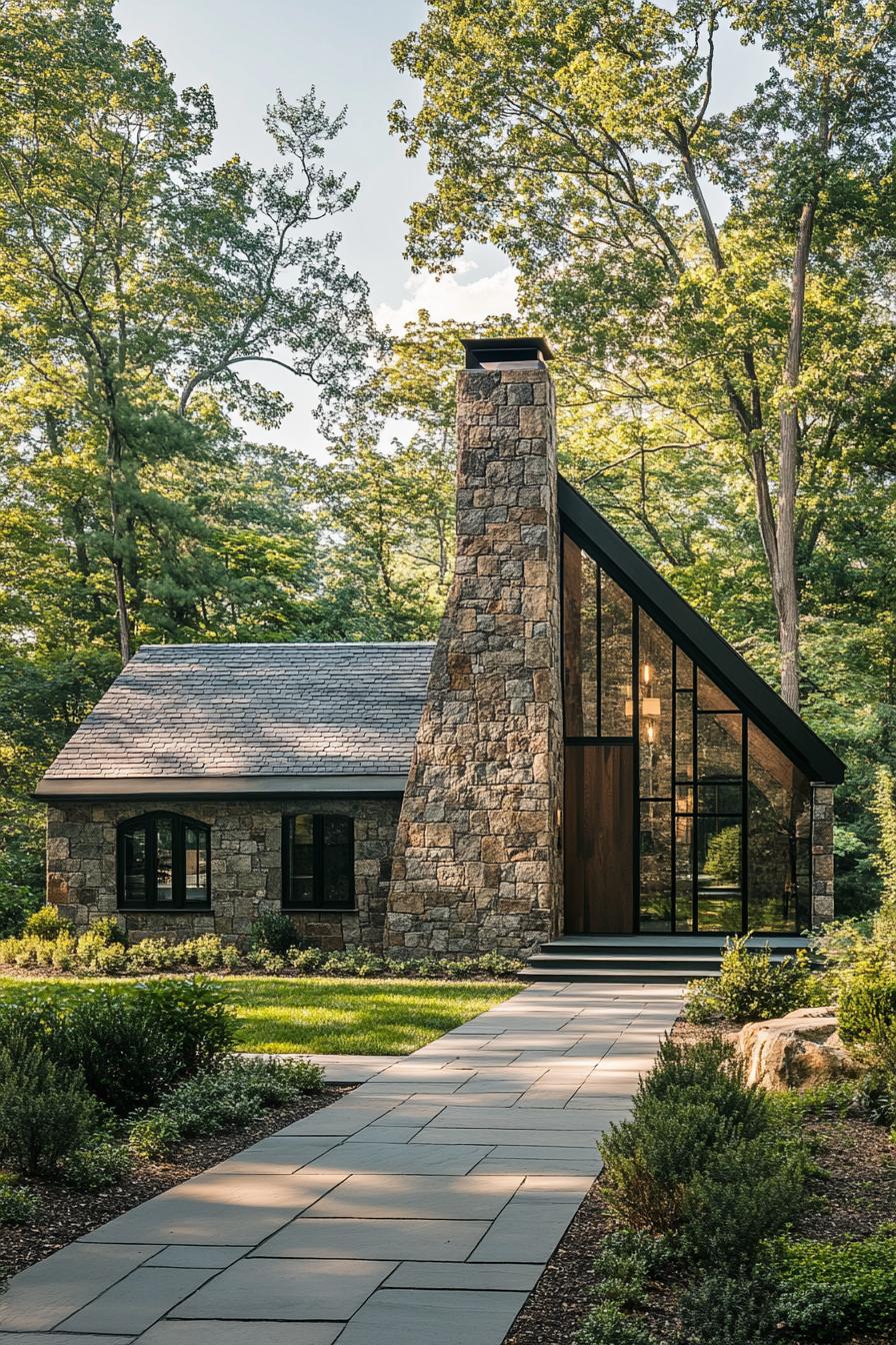 Rustic stone house in a lush forest setting with tall glass windows