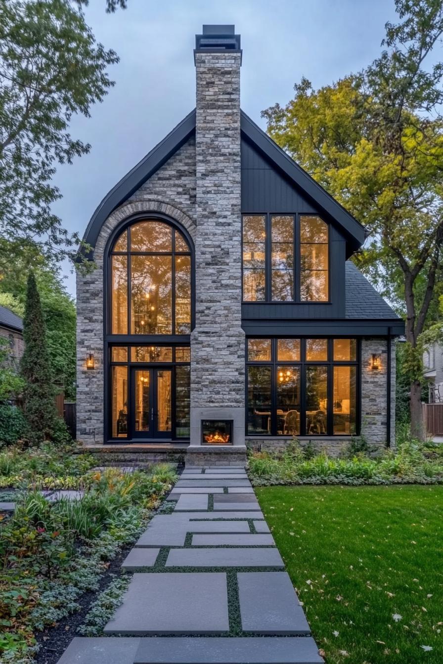 Contemporary stone house with warm glow