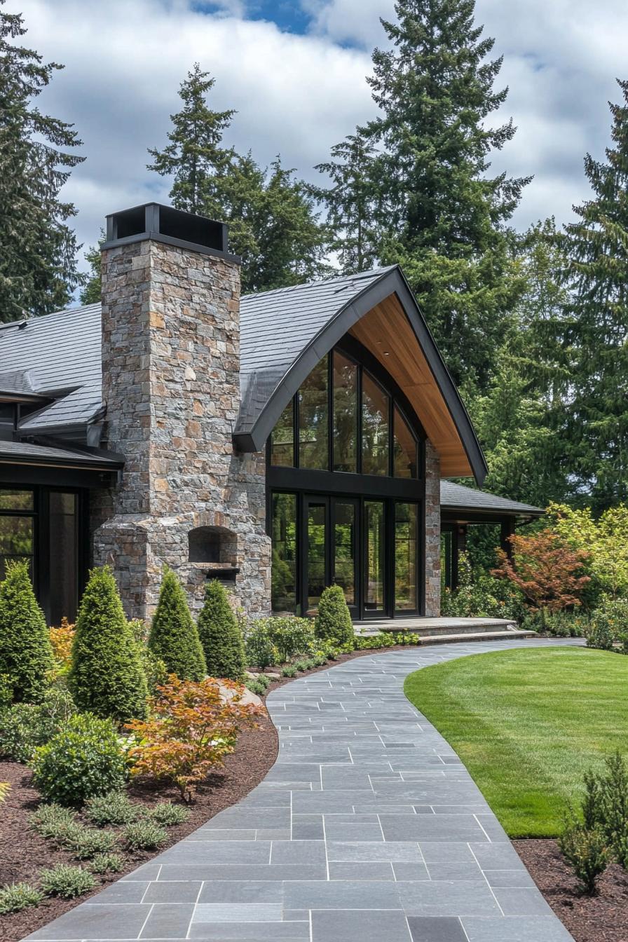 Charming house with a grand arched window and tall stone chimney